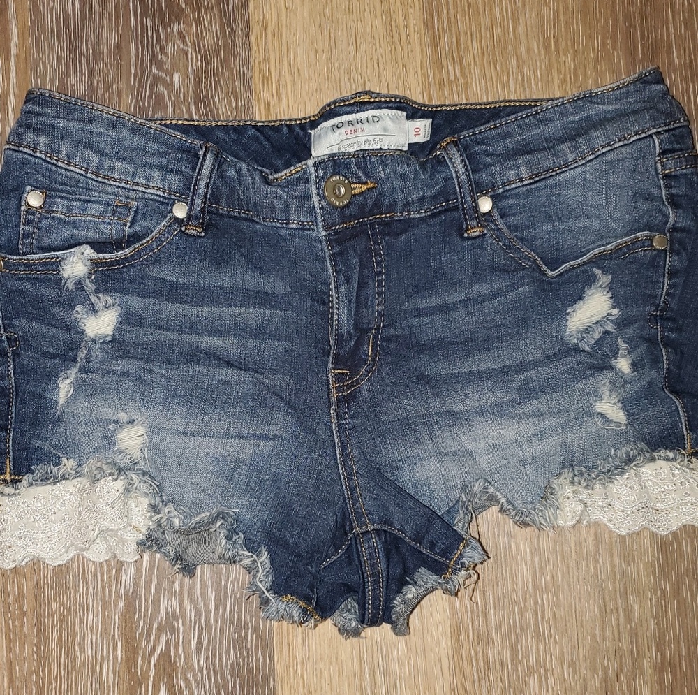 Women's Blue Denim Shorts with Lace Trim